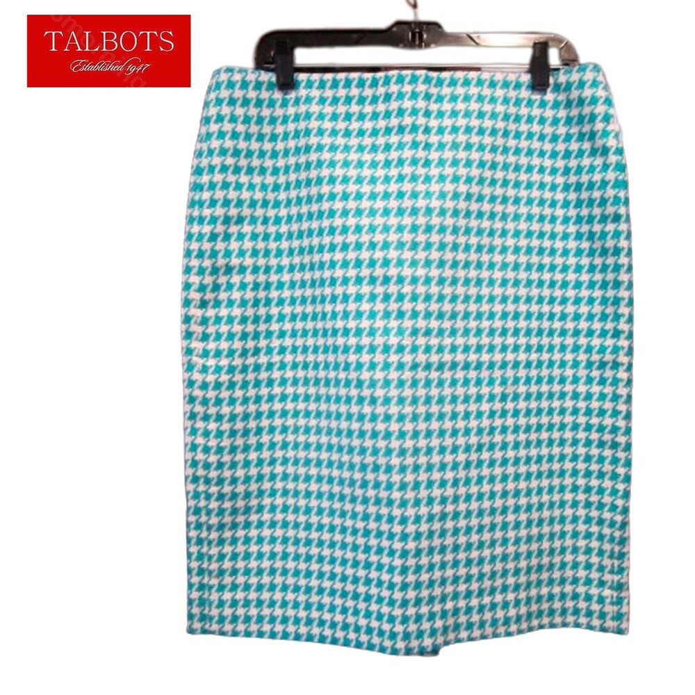 TALBOTS NEW Herringbone Tweed Pencil Skirt Teal White Size 12